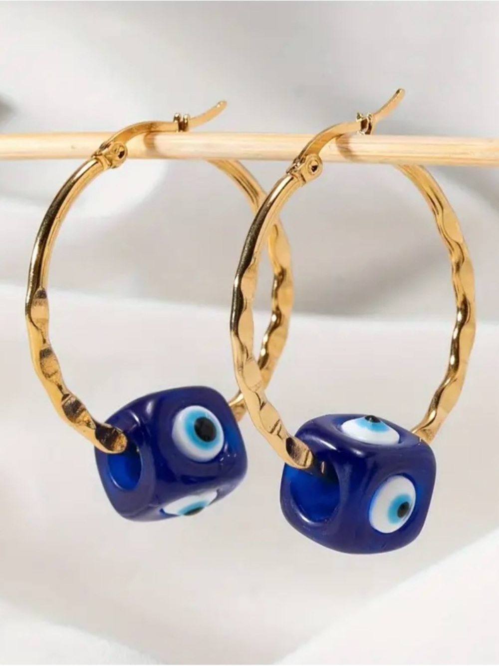 18k Gold Plated Stainless Steel Hoop Earrings with Blue Evil Eye Beads